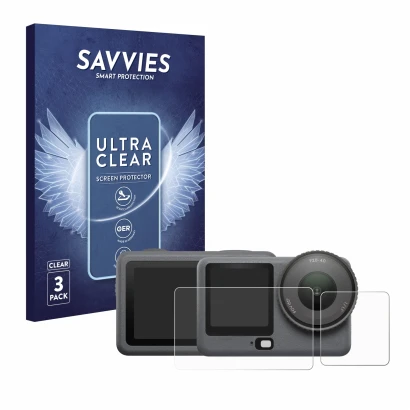 Parte frontale di una confezione del prodotto con il logo del marchio Savvies. Accanto è raffigurato il dispositivo DJI Osmo A