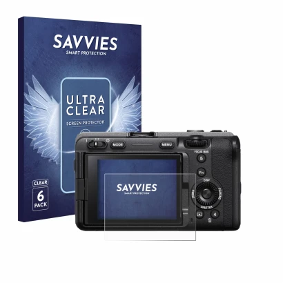 Parte frontale di una confezione del prodotto con il logo del marchio Savvies. Accanto è raffigurato il dispositivo Sony FX3A 
