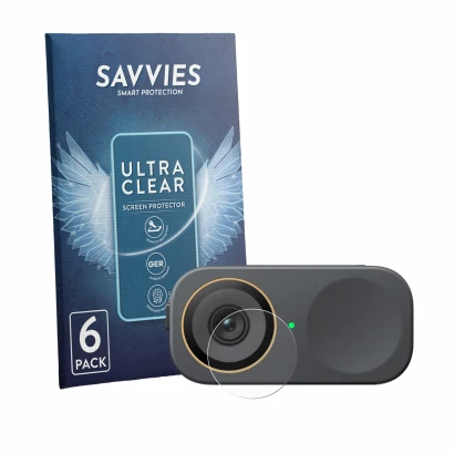 Parte frontale di una confezione del prodotto con il logo del marchio Savvies. Accanto è raffigurato il dispositivo Insta360 L