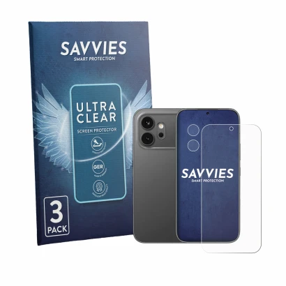 Parte frontale di una confezione del prodotto con il logo del marchio Savvies. Accanto è raffigurato il dispositivo Honor 600 