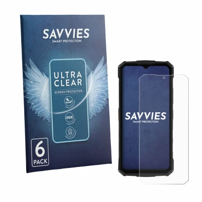Parte frontale di una confezione del prodotto con il logo del marchio Savvies. Accanto è raffigurato il dispositivo Doogee Fir