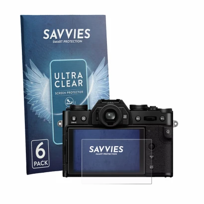 Parte frontale di una confezione del prodotto con il logo del marchio Savvies. Accanto è raffigurato il dispositivo Fujifilm X