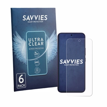 Parte frontale di una confezione del prodotto con il logo del marchio Savvies. Accanto è raffigurato il dispositivo Vivo Y600 