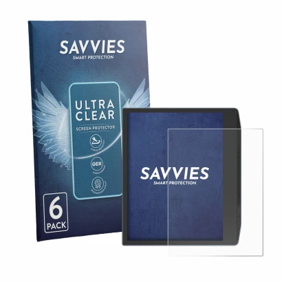 Parte frontale di una confezione del prodotto con il logo del marchio Savvies. Accanto è raffigurato il dispositivo PocketBook