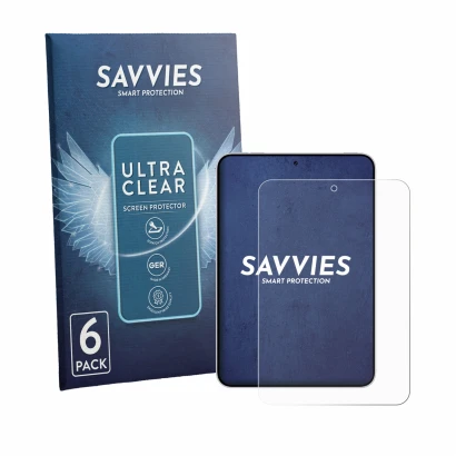 Parte frontale di una confezione del prodotto con il logo del marchio Savvies. Accanto è raffigurato il dispositivo Oppo Pad M
