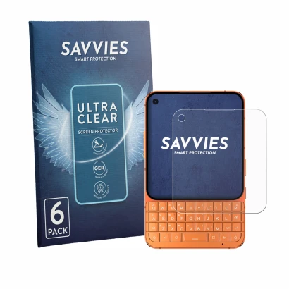 Parte frontale di una confezione del prodotto con il logo del marchio Savvies. Accanto è raffigurato il dispositivo Unihertz T