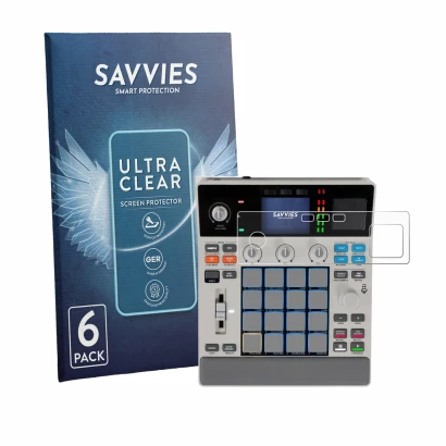 Parte frontale di una confezione del prodotto con il logo del marchio Savvies. Accanto è raffigurato il dispositivo Akai MPC S