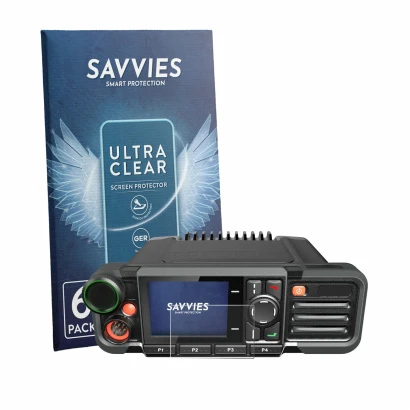 Parte frontale di una confezione del prodotto con il logo del marchio Savvies. Accanto è raffigurato il dispositivo Hytera HM7