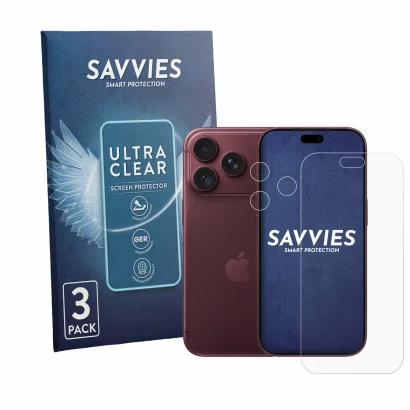 Parte frontale di una confezione del prodotto con il logo del marchio Savvies. Accanto è raffigurato il dispositivo Apple iPho