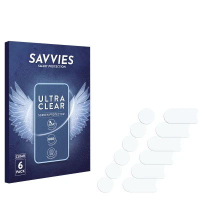 Parte frontale di una confezione del prodotto con il logo del marchio Savvies. Accanto si trova la protezione per lo schermo c