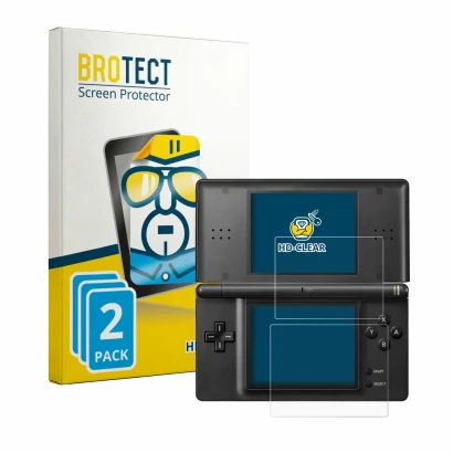 Parte frontale di una confezione del prodotto con il logo del marchio BROTECT. Accanto è raffigurato il dispositivo Nintendo D