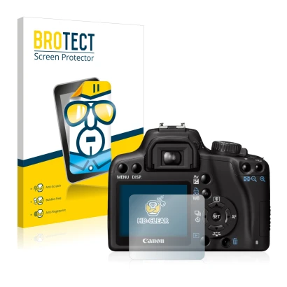 Parte frontale di una confezione del prodotto con il logo del marchio BROTECT. Accanto è raffigurato il dispositivo Canon EOS 