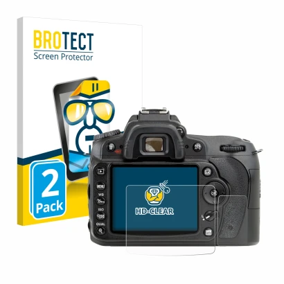 Parte frontale di una confezione del prodotto con il logo del marchio BROTECT. Accanto è raffigurato il dispositivo Nikon D90