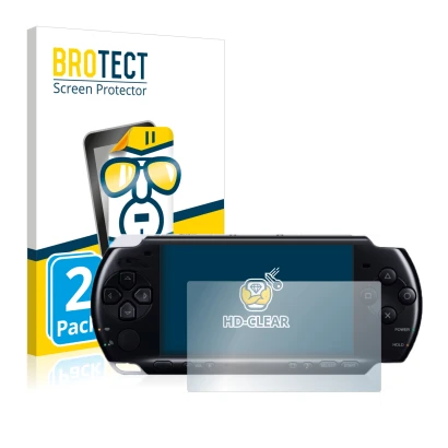 Parte frontale di una confezione del prodotto con il logo del marchio BROTECT. Accanto è raffigurato il dispositivo Sony PSP 3