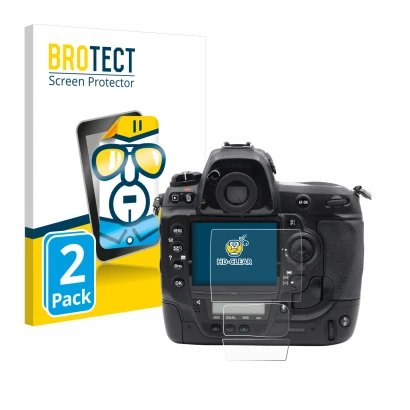 Parte frontale di una confezione del prodotto con il logo del marchio BROTECT. Accanto è raffigurato il dispositivo Nikon D3x