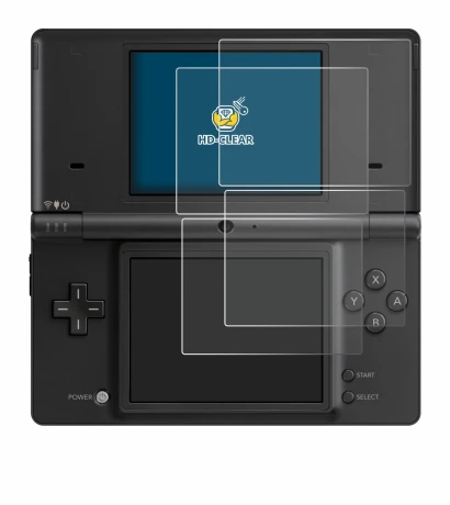 Immagine del dispositivo Nintendo DSi con un'ampia varietà di protezioni per lo schermo.