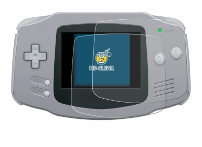 Immagine del dispositivo Nintendo Gameboy Advance GBA con un'ampia varietà di protezioni per lo schermo.