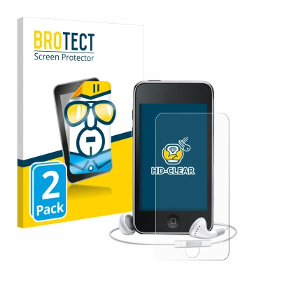 Parte frontale di una confezione del prodotto con il logo del marchio BROTECT. Accanto è raffigurato il dispositivo Apple iPod