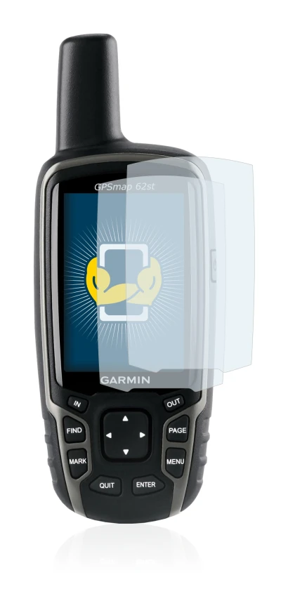 Immagine del dispositivo Garmin GPSMAP 62st con un'ampia varietà di protezioni per lo schermo.
