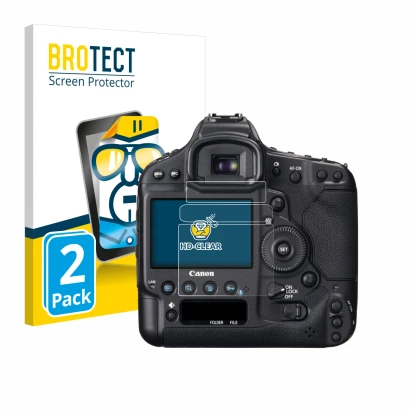 Parte frontale di una confezione del prodotto con il logo del marchio BROTECT. Accanto è raffigurato il dispositivo Canon EOS