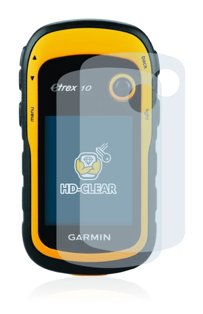 Immagine del dispositivo Garmin eTrex 10 con un'ampia varietà di protezioni per lo schermo.