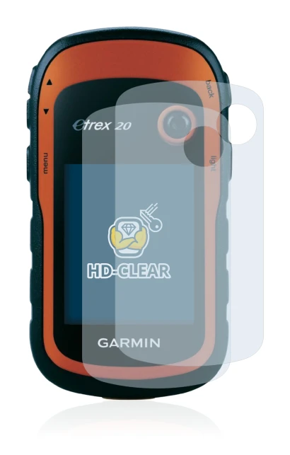 Immagine del dispositivo Garmin eTrex 20 con un'ampia varietà di protezioni per lo schermo.