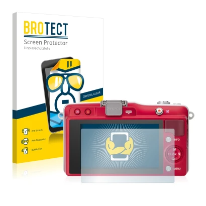 Parte frontale di una confezione del prodotto con il logo del marchio BROTECT. Accanto è raffigurato il dispositivo Olympus PE