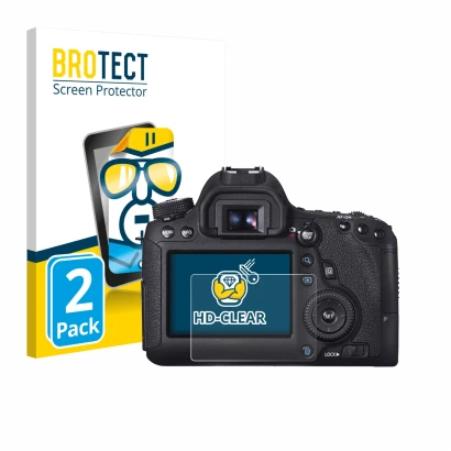 Parte frontale di una confezione del prodotto con il logo del marchio BROTECT. Accanto è raffigurato il dispositivo Canon EOS