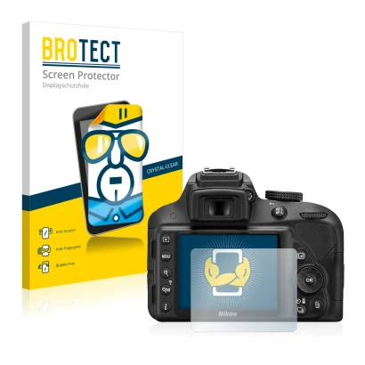 Parte frontale di una confezione del prodotto con il logo del marchio BROTECT. Accanto è raffigurato il dispositivo Nikon D330