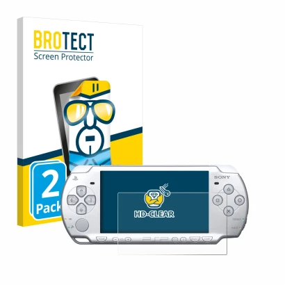 Parte frontale di una confezione del prodotto con il logo del marchio BROTECT. Accanto è raffigurato il dispositivo Sony PSP 2