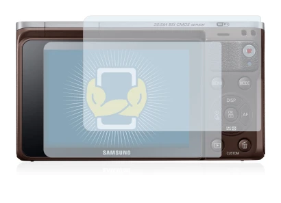 Immagine del dispositivo Samsung NX Mini con un'ampia varietà di protezioni per lo schermo.