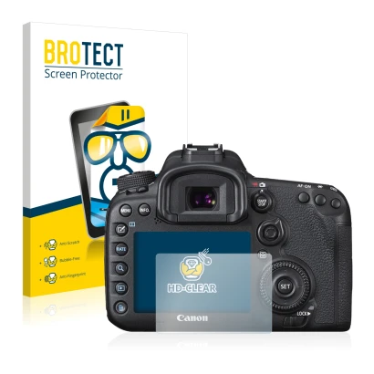 Parte frontale di una confezione del prodotto con il logo del marchio BROTECT. Accanto è raffigurato il dispositivo Canon EOS