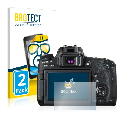 Parte frontale di una confezione del prodotto con il logo del marchio BROTECT. Accanto è raffigurato il dispositivo Canon EOS