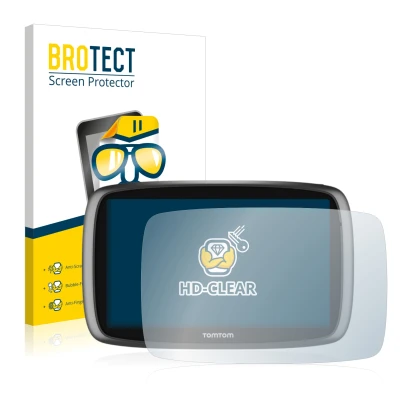 Parte frontale di una confezione del prodotto con il logo del marchio BROTECT. Accanto è raffigurato il dispositivo TomTom GO