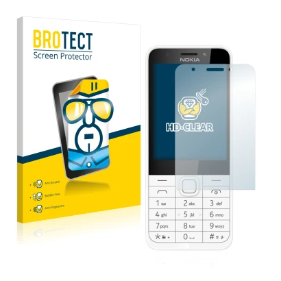 Parte frontale di una confezione del prodotto con il logo del marchio BROTECT. Accanto è raffigurato il dispositivo Nokia 230