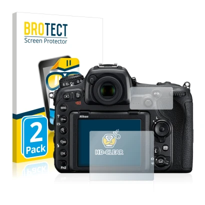 Parte frontale di una confezione del prodotto con il logo del marchio BROTECT. Accanto è raffigurato il dispositivo Nikon D500