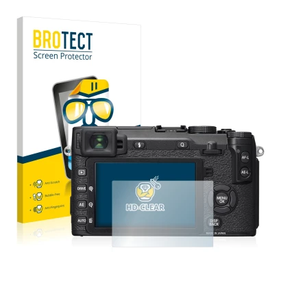 Parte frontale di una confezione del prodotto con il logo del marchio BROTECT. Accanto è raffigurato il dispositivo Fujifilm X