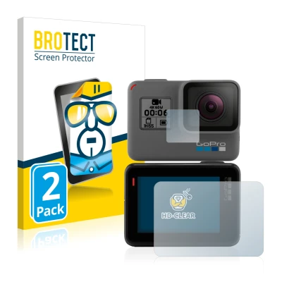 Parte frontale di una confezione del prodotto con il logo del marchio BROTECT. Accanto è raffigurato il dispositivo GoPro Hero