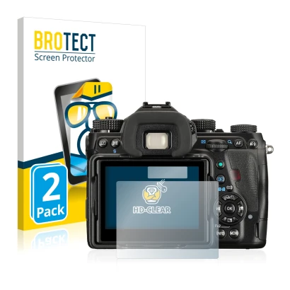 Parte frontale di una confezione del prodotto con il logo del marchio BROTECT. Accanto è raffigurato il dispositivo Pentax K-1