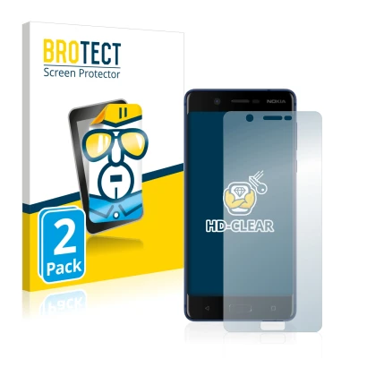 Parte frontale di una confezione del prodotto con il logo del marchio BROTECT. Accanto è raffigurato il dispositivo Nokia 5 co