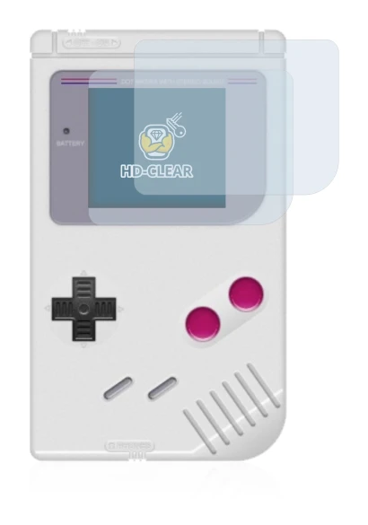 Immagine del dispositivo Nintendo Gameboy (1989) con un'ampia varietà di protezioni per lo schermo.