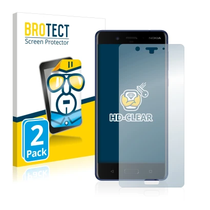 Parte frontale di una confezione del prodotto con il logo del marchio BROTECT. Accanto è raffigurato il dispositivo Nokia 8 co