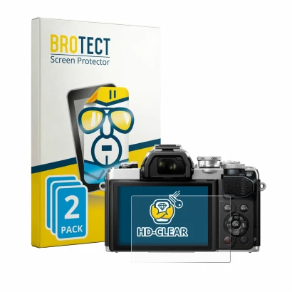 Parte frontale di una confezione del prodotto con il logo del marchio BROTECT. Accanto è raffigurato il dispositivo Olympus OM