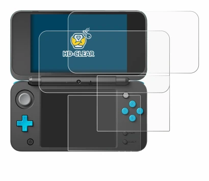Immagine del dispositivo New Nintendo 2DS XL con un'ampia varietà di protezioni per lo schermo.
