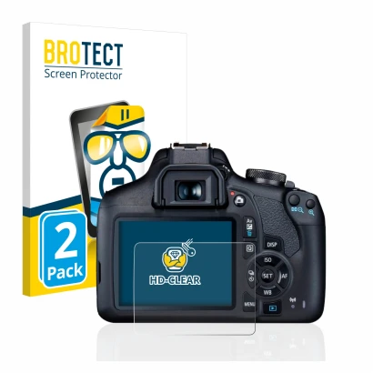 Parte frontale di una confezione del prodotto con il logo del marchio BROTECT. Accanto è raffigurato il dispositivo Canon EOS 