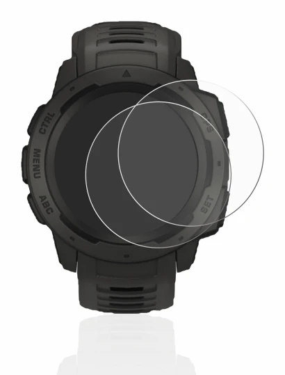Immagine del dispositivo Garmin Instinct con un'ampia varietà di protezioni per lo schermo.