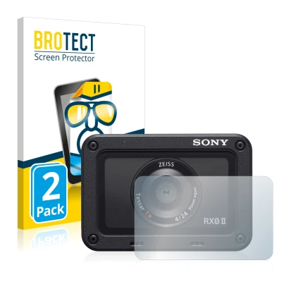 Parte frontale di una confezione del prodotto con il logo del marchio BROTECT. Accanto è raffigurato il dispositivo Sony DSC-R