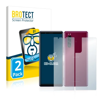 Parte frontale di una confezione del prodotto con il logo del marchio BROTECT. Accanto è raffigurato il dispositivo Sony Xperi