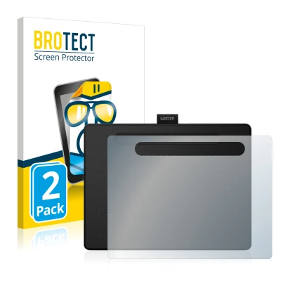 Parte frontale di una confezione del prodotto con il logo del marchio BROTECT. Accanto è raffigurato il dispositivo Wacom Intu