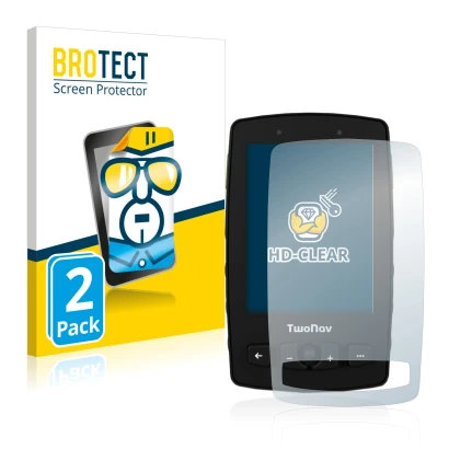 Parte frontale di una confezione del prodotto con il logo del marchio BROTECT. Accanto è raffigurato il dispositivo TwoNav Ave